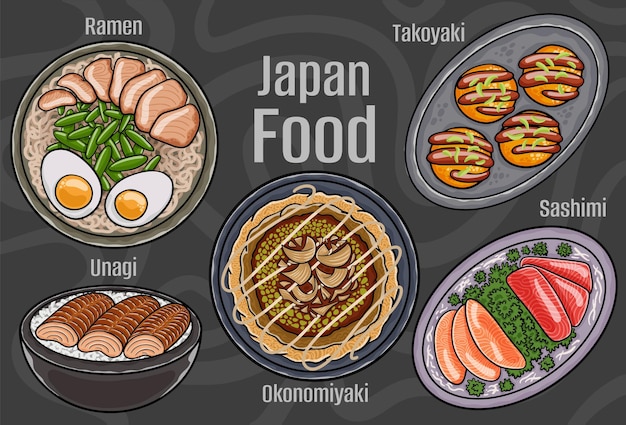 Japans eten Een set van klassieke gerechten Cartoon hand getekende illustratie