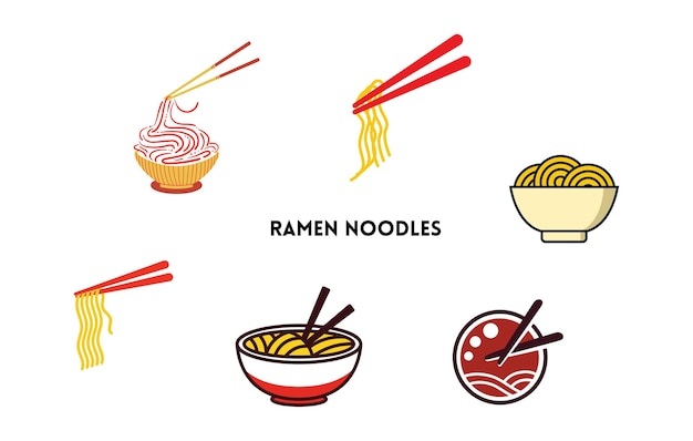 Japans ramennoedelvoedsel. Ramen-pictogrammen instellen. Noedelkom Azië eten. Soep Ramen-vector.