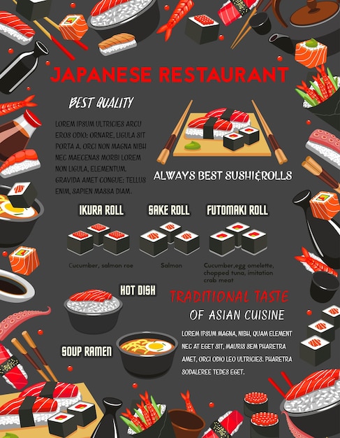 Vector japans restaurant sushi en warme gerechten menu