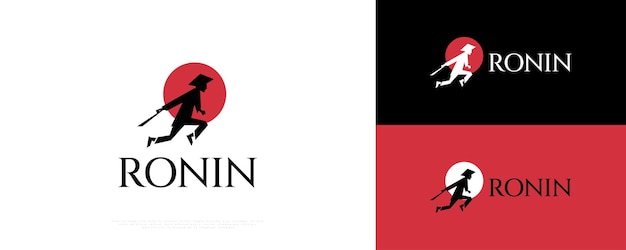 Japans Ronin silhouet-logo met rode maan Japanse zwaardvechter met een traditionele hoed Warrior-illustratie