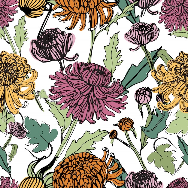 Japanse chrysant hand getekende naadloze patroon met toppen, bloemen, bladeren. kleurrijke vintage stijl illustratie.