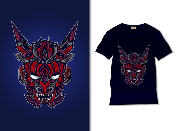 Japanse duivel kwaad masker illustratie met t-shirt design, hand getrokken