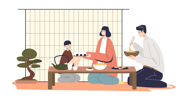 Vector japanse familie die diner heeft samen geïsoleerde ouders