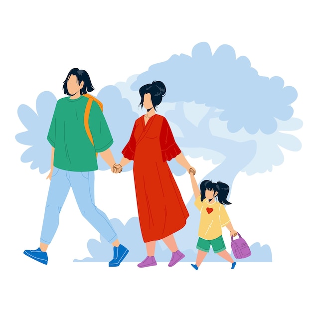 Japanse familie samen wandelen in park vector. japanse jonge man, vrouw en meisje kid hand in hand en lopen buiten. karakters vader, moeder en dochter vrije tijd platte cartoon afbeelding