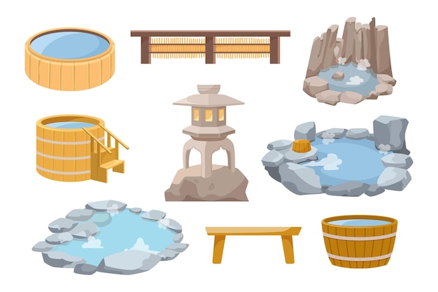 Japanse hot spring elementen vector illustraties set