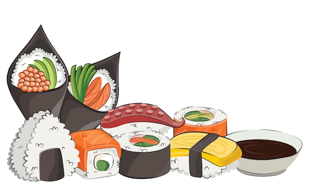 Japanse keuken, Aziatisch eten voor restaurantmenu's en posters, leveringssites, platte vectorillustratie geïsoleerd op een witte achtergrond, sushi rolt onigiri stock afbeelding