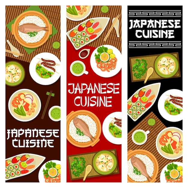 Japanse keuken. aziatische gerechten en maaltijden verticale banner set