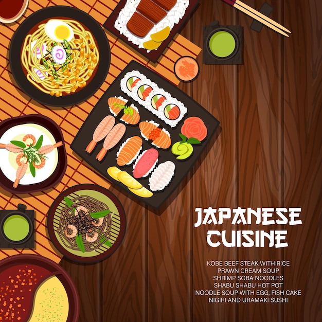 Japanse keuken cartoon vector poster japan maaltijden
