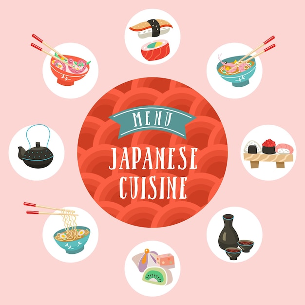 Japanse keuken een set van traditionele japanse gerechten vectorillustratie in cartoon-stijl kleurrijke menusjabloon van japanse keuken cafe