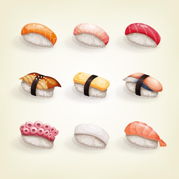 Vector japanse keuken set van verschillende sushi rolt vector illustratie voor afhaalbar of restaurant menu