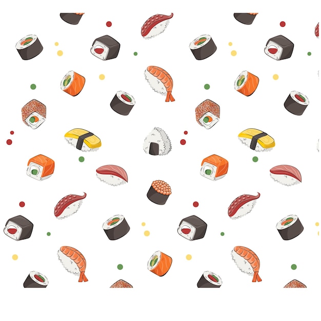 Japanse keuken voedsel patroon vlakke vectorillustratie geïsoleerd op een witte achtergrond sushi rolt onigiri sojasaus set naadloze patroon voorraad foto voor restaurant menu's en posters levering