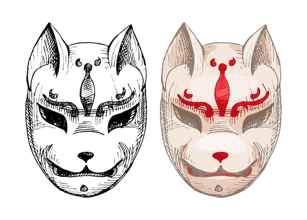 Japanse kitsune vos masker vintage vector uitkomen kleur illustratie geïsoleerd op wit