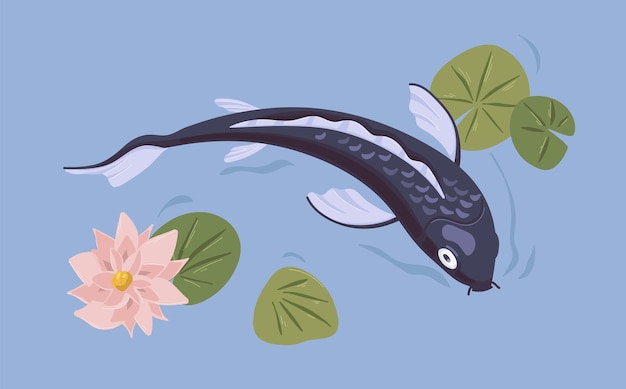 Japanse koivissen die in Aziatische vijver met bloem zwemmen Decoratieve karper in de watertuin van Japan. Traditioneel oosters waterdier met waterlelie en bladeren. Gekleurde platte vectorillustratie