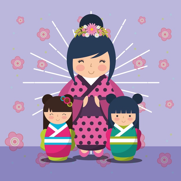 Vector japanse kokeshi pop kimono