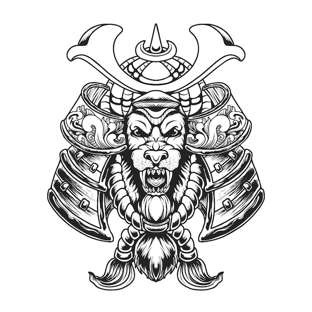 Japanse Lion Head Samurai Vector Illustratie T-shirt Design