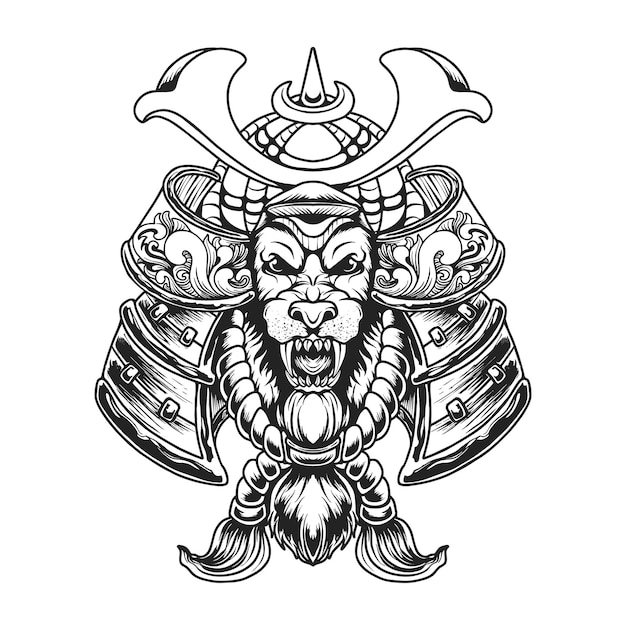 Japanse Lion Head Samurai Vector Illustratie T-shirt Design