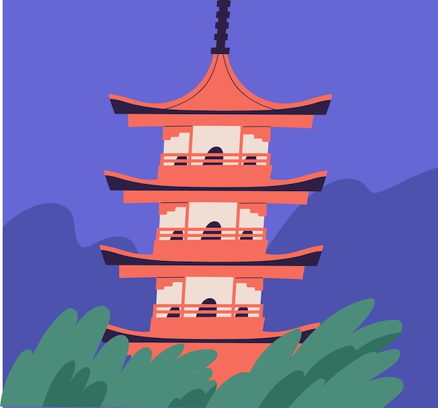 Vector japanse pagode gebouw. aziatische traditionele architectuur. boeddhistische tempel met meerdere verdiepingen. religieuze gelaagde toren in chinese stijl. gekleurde platte vectorillustratie.