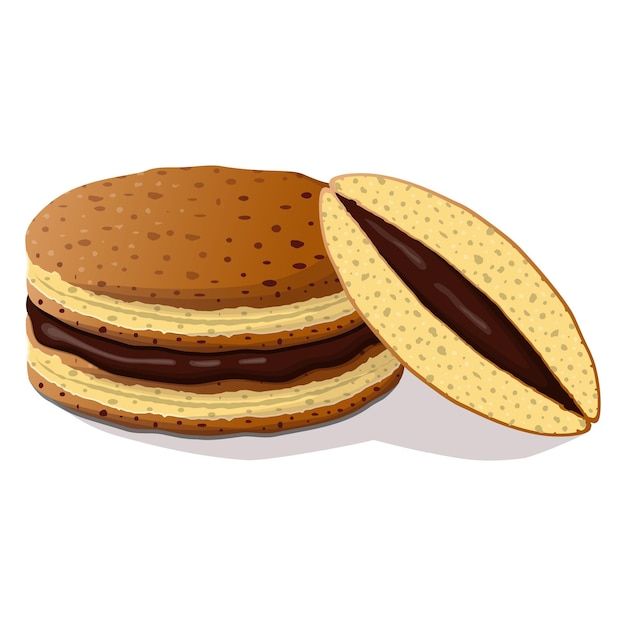 Japanse pannenkoeken dorayaki geheel en gesneden met chocolade vulling in cartoon vlakke stijl