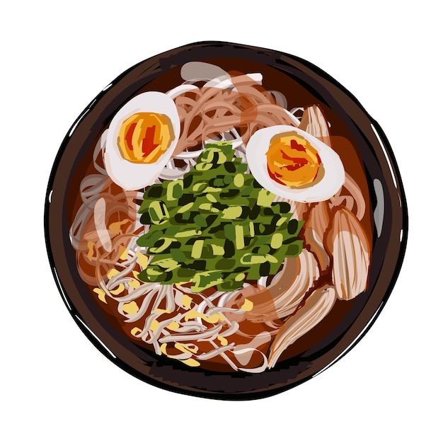 Japanse ramen soep met kip noedels eieren gehakte groene ui Outlane doodle illustratie voor restaurant menu bovenaanzicht vectorillustratie