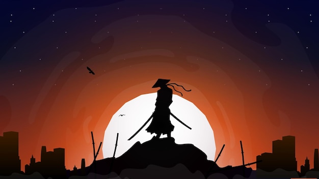 Japanse samoeraienstrijder met een zwaard. Samurai met volle maan behang. samoerai in de nacht.
