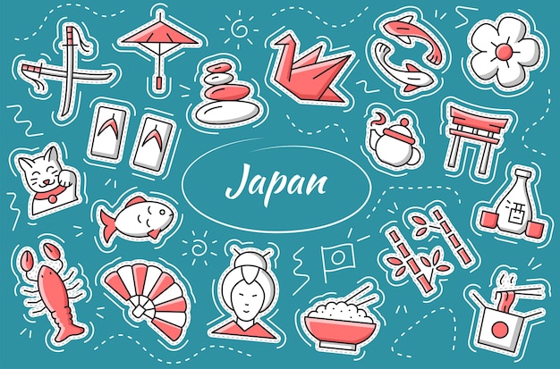 Japanse stickerset. Collectie-element en objecten. Vector illustratie.