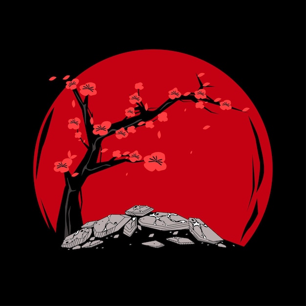 Japanse stijl abstract patroon achtergrondontwerp zwarte nachtelijke hemel volle maan en kersenbloesem sakur