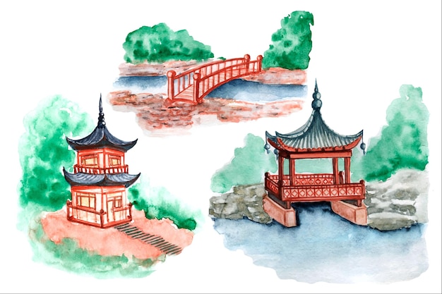 Japanse structuren, tuinhuisjes in het park in de natuur. Aquarel tekenen.