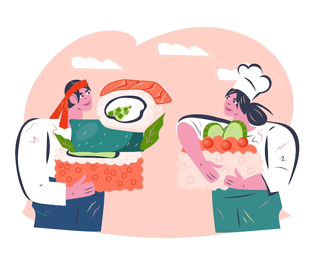 Vector japanse sushi chef-koks stripfiguren platte vectorillustratie geïsoleerd