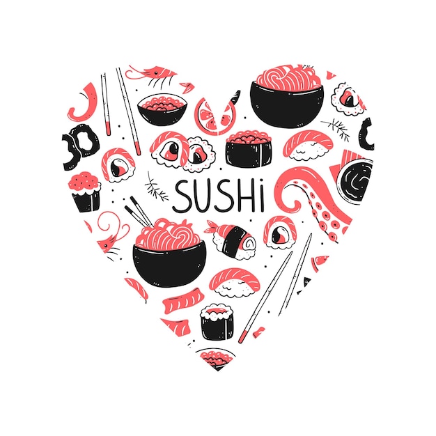 Japanse sushi-keuken Elementen van de Aziatische keuken in de vorm van een hart Ik hou van sushi