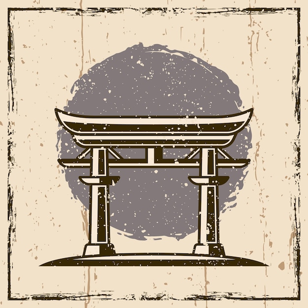 Vector japanse torii gate vector illustratie in vintage stijl op achtergrond met grunge texturen