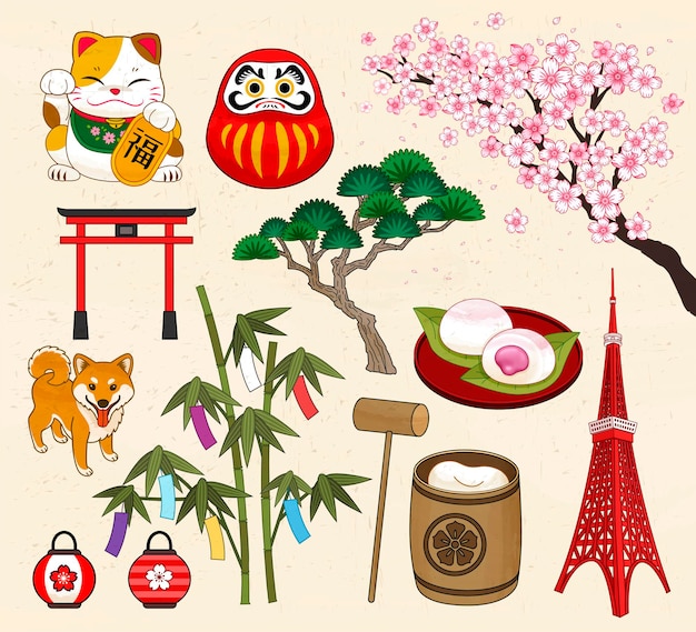 Japanse traditionele cultuur symboolcollectie in ukiyo-e stijl
