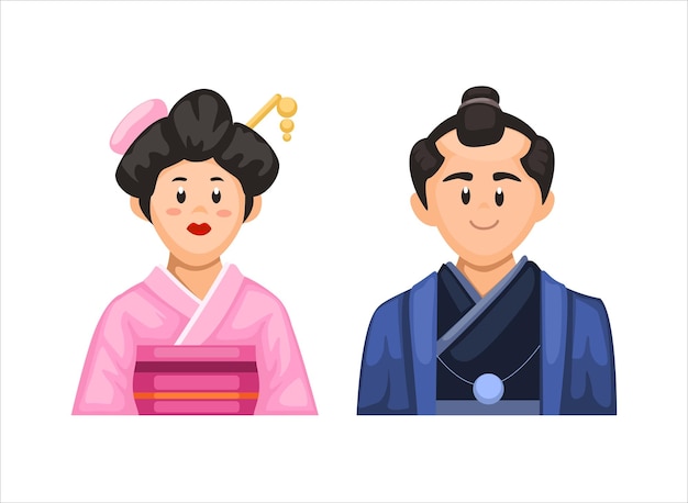 Japanse traditionele kimono bruiloft uniform paar tekenset illustratie vector
