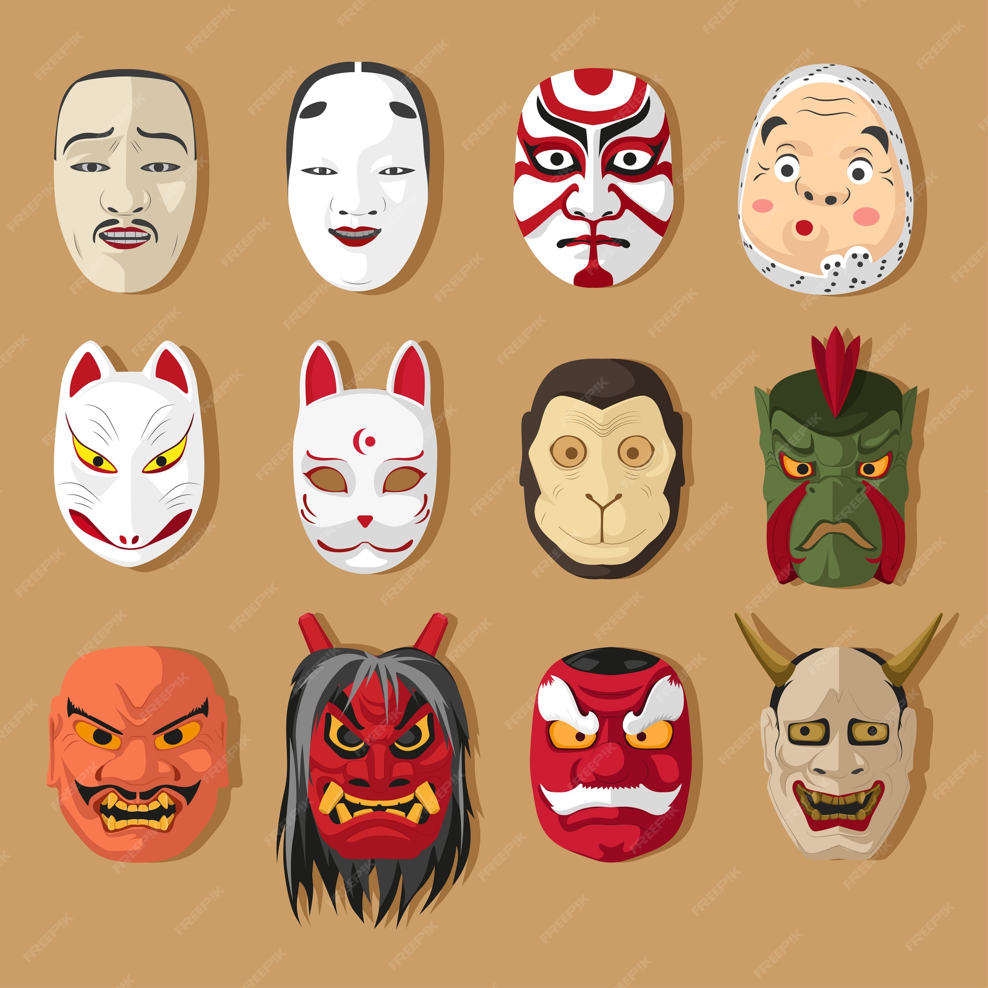 Japanse maskerset | Premium Vector