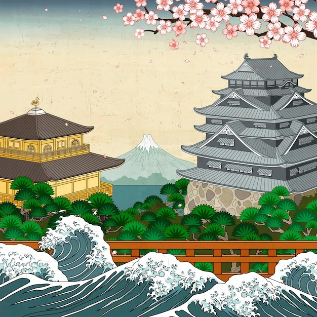 Japanse traditionele oriëntatiepunten en golfgetijden, fuji-bergachtergrond in ukiyo-e-stijl