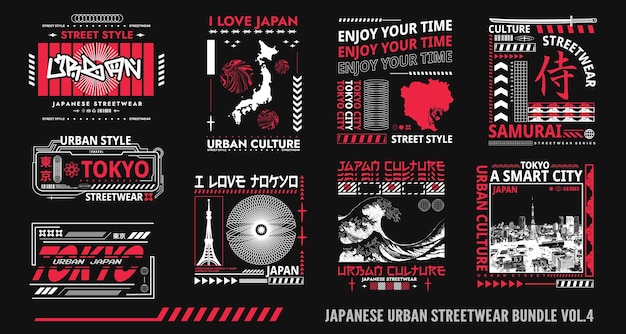 Japanse urban streetstyle t-shirt ontwerpset Japan streetwear graphics voor print