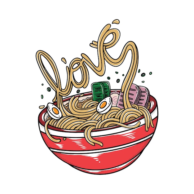 Japanse zeevruchten ramen noodle bowl minnaar met ei en vlees authentieke Aziatische in vector cartoon tekening