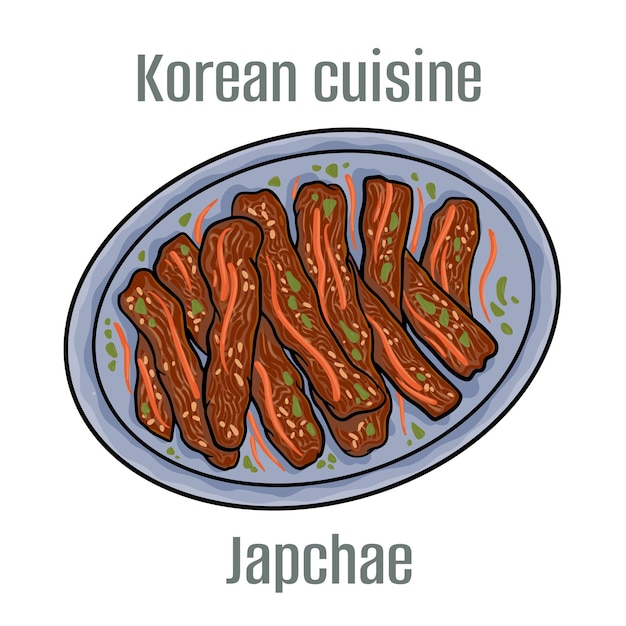 잡채 쫄깃쫄깃한 고구마 국수에 당근, 오이, 양파, 버섯, 때로는 고기를 곁들인 한국 요리