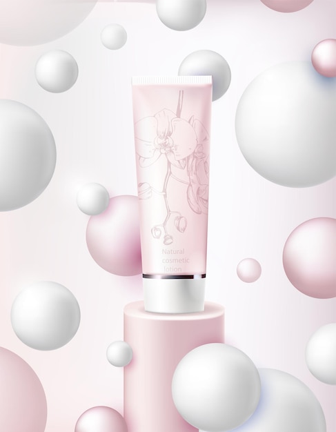 A jar of cream levitates among the bubbles beauty cosmetics pink tube branding mock up isolated