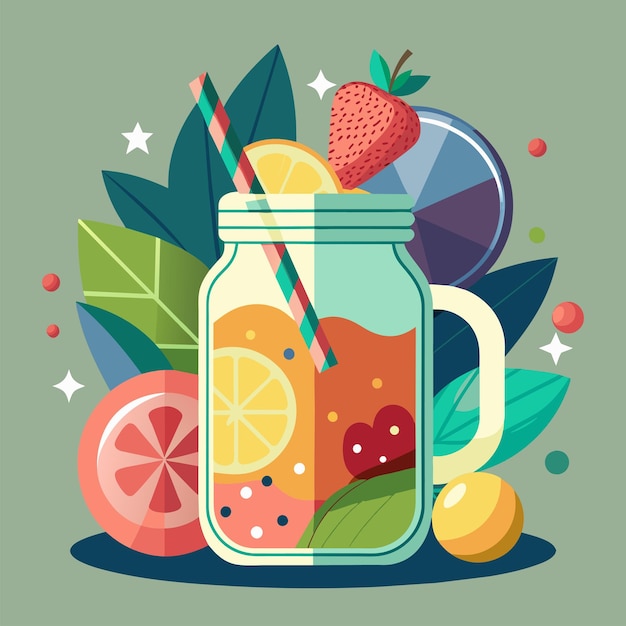 Vector a jar of fruit and a strawberry with a straw in the middle