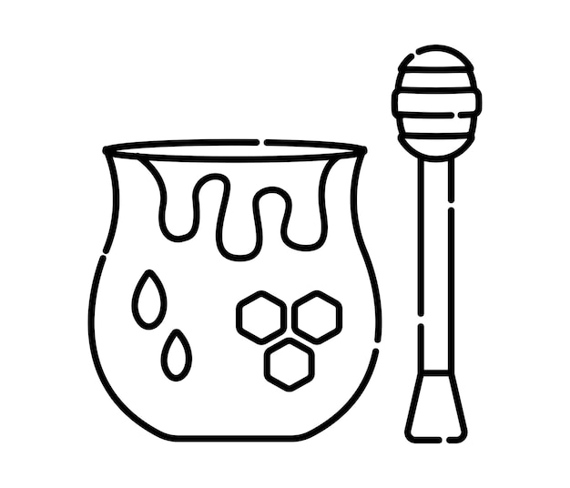 Jar of honey and honey dipper black vector line icon