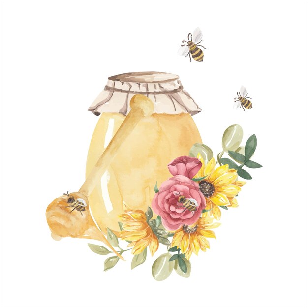 jar of honey with bees and sunflowers bouquet