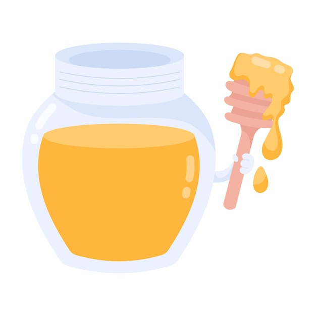 Vector a jar of honey with a wooden spoon in it and a honey dipper in the top right corner.