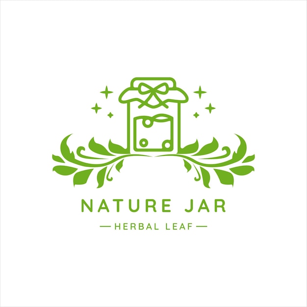 Jar and leaf logo line art vector illustration template icon design herbal potion