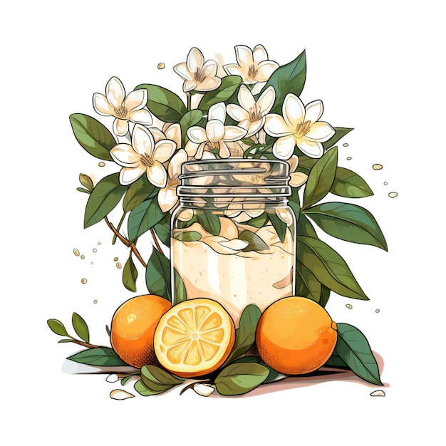 Vector a jar of lemons and oranges with flowers in it