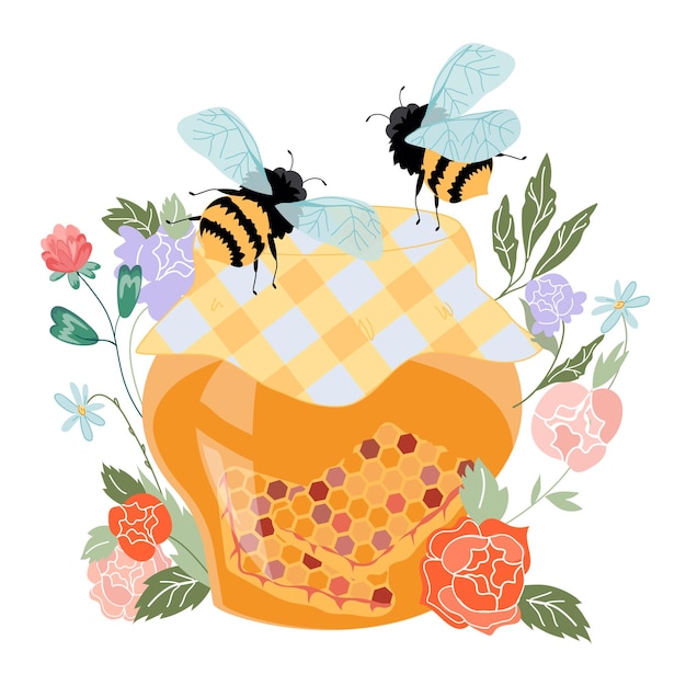 Вектор Банка пчелиного меда с цветами плоская векторная иллюстрация изолирована на белом