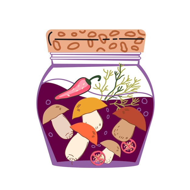 Jar of preserved salted or pickled mushrooms flat cartoon vector illustration isolated on white background Edible forest mushrooms canned and pickled Homemade vegetable autumn preserves