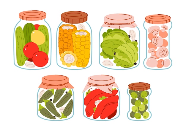 Vector jar preserved vegetables set homemade canned vegetables in glass jars vector illustration