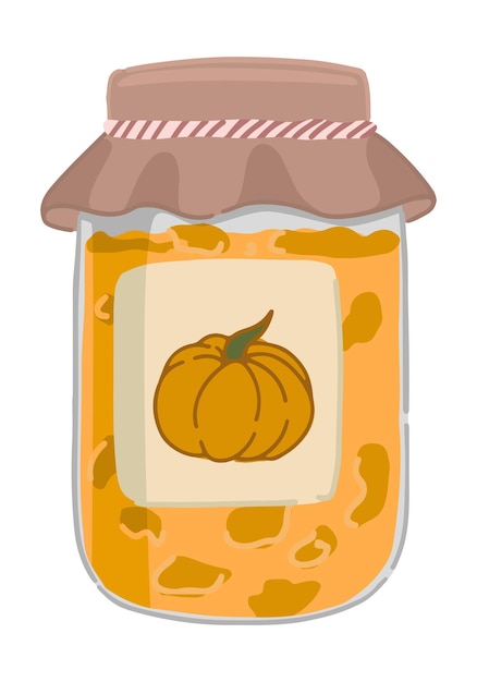 Jar of pumpkin jam clipart Doodle of sweet homemade autumn season food Cartoon vector illustration isolated on white background