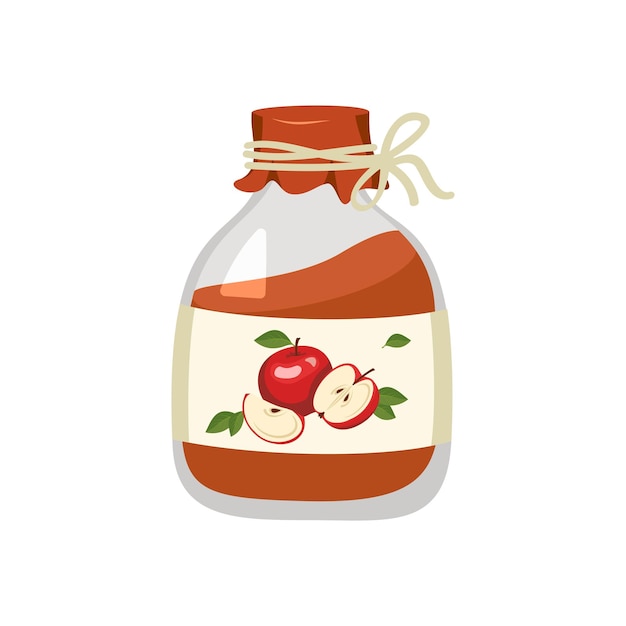 Jar of red apple jam. Sweet healthy food, tasty dessert, gift or present. Vector flat illustration