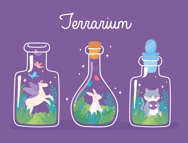 瓶のテラリウムかわいいウサギのユニコーンと猫の中に咲く植物